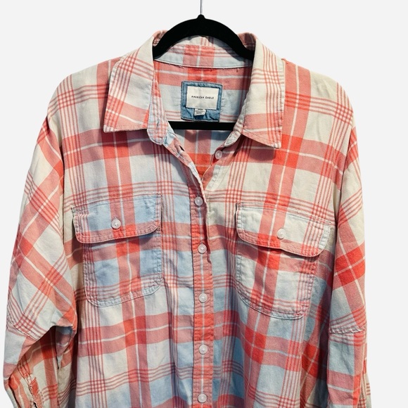 American Eagle Go Big Beach flannel oversized button up shirt in pink and blue M - Picture 6 of 15